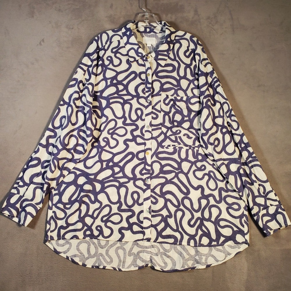 Every Tunic Top‎ Womens XL Blue White Abstract Linen Blend Button Artsy Coastal